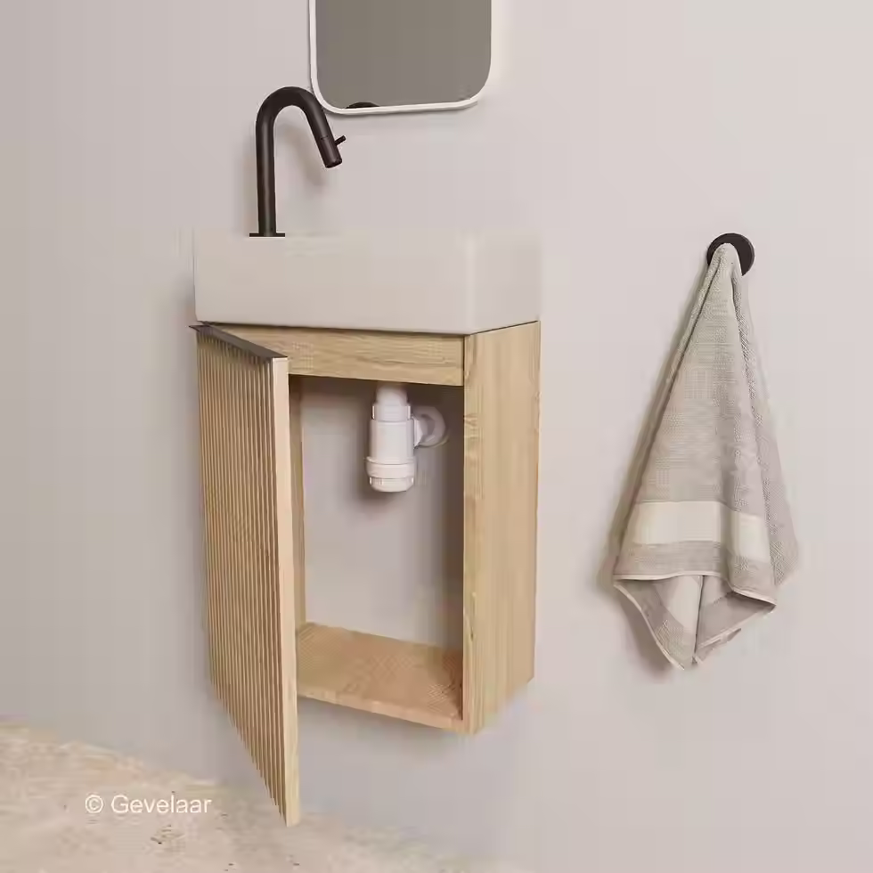 Thumbnail: Zaphir Freshdip fonteinset kast eiken wasbak beige links kraanset mat zwart
