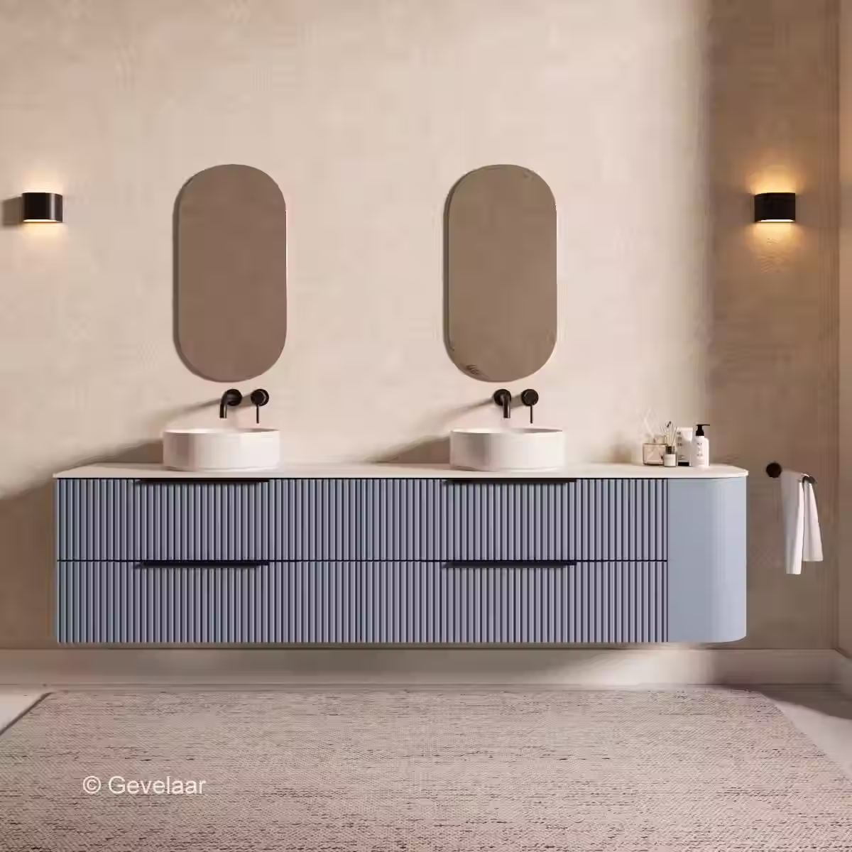 SoXeL Rib badmeubel mis blauw dubbel afdekblad mat wit rechts 230cm