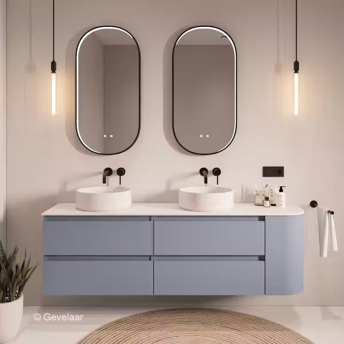 SoXeL badmeubel mis blauw afgeronde hoek afdekblad mat wit rechts 180cm