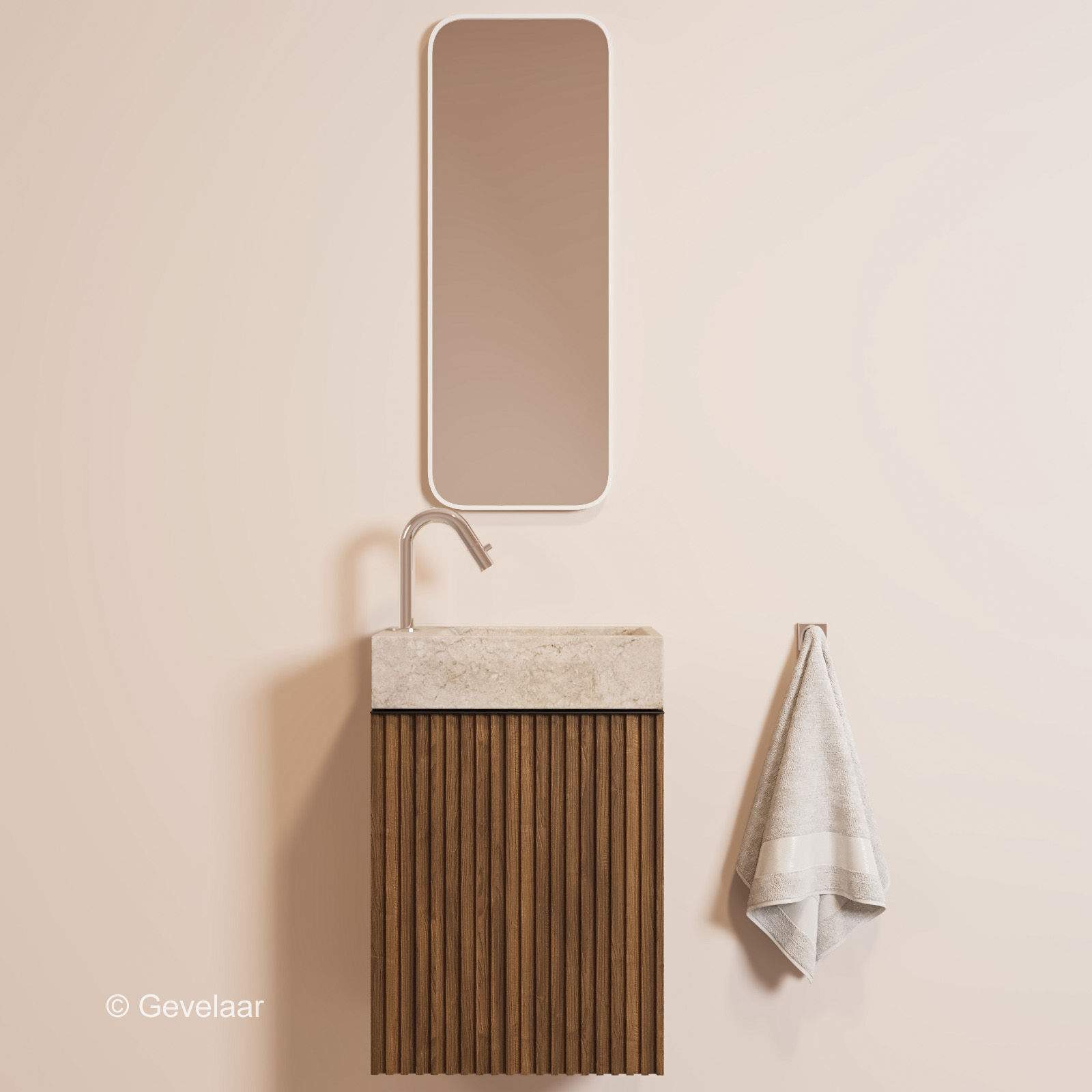 Tanaro FreshDream fonteinset kast noten wasbak travertin links kraanset chroom