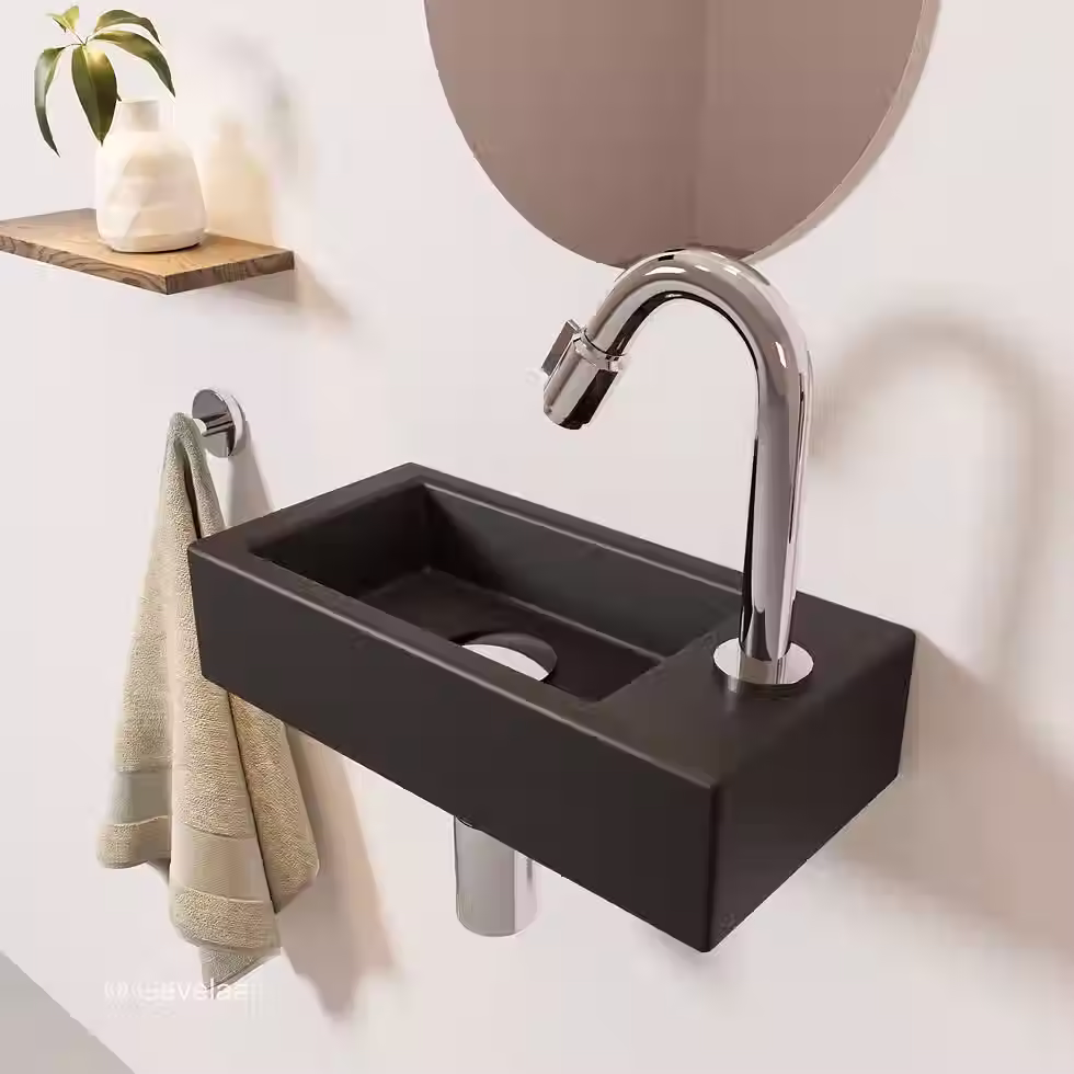 Thumbnail: Tanaro Ceva fonteinset mat zwart 40 cm rechts gebogen kraan chroom