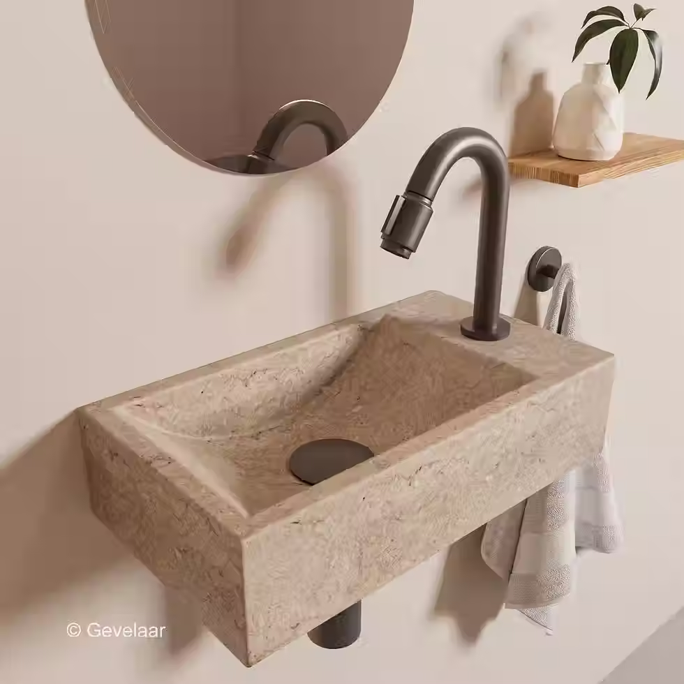 Tanaro Freshdream Fonteinset travertin wasbak rechts kraan gebogen gunmetal