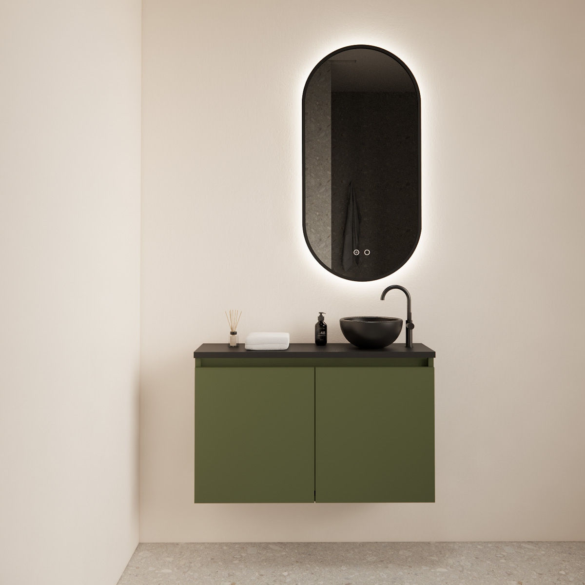 Gliss Design Echo toiletmeubel 80 cm olijfgroen met topplaat mat zwart