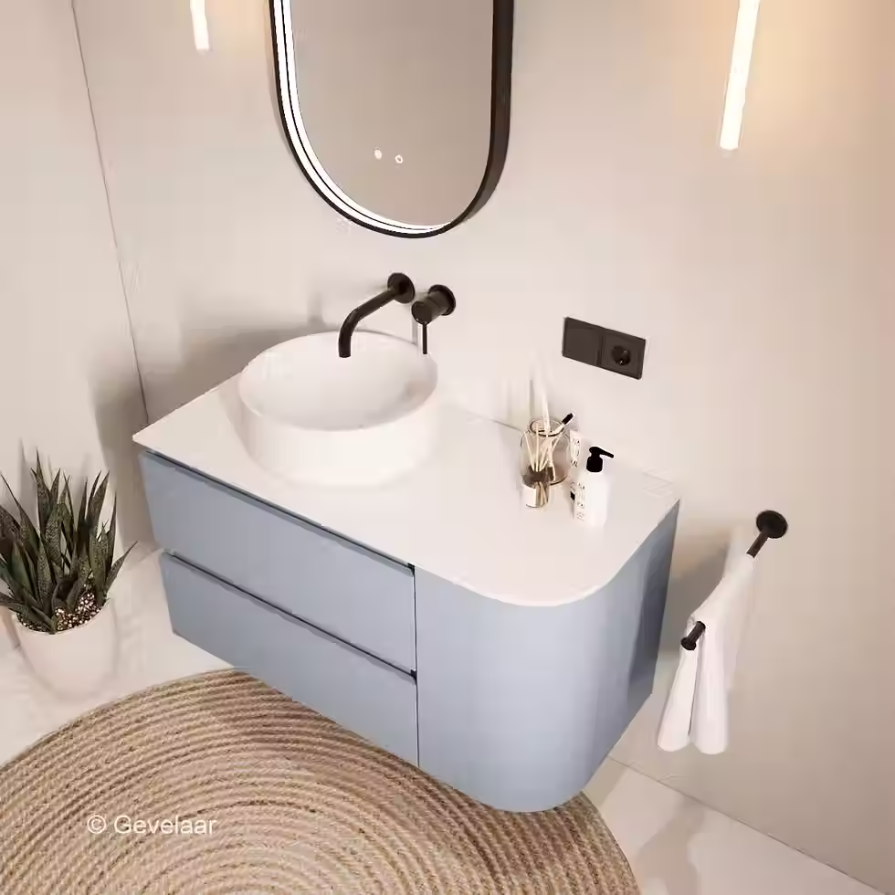 Thumbnail: SoXeL badmeubel mis blauw afgeronde hoek afdekblad mat wit rechts 100cm