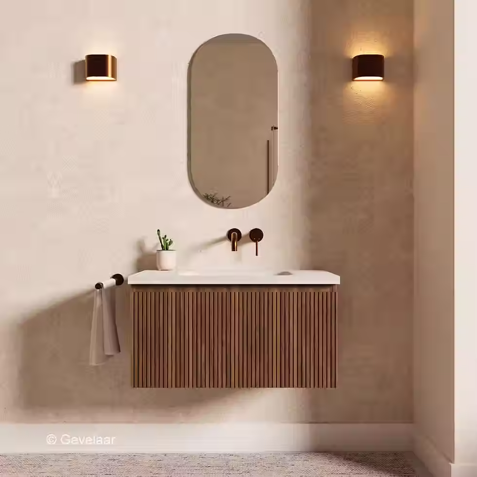 Stravertin ribbel noten badmeubel 80 cm - Brauer Dune travertin 0 kraangaten