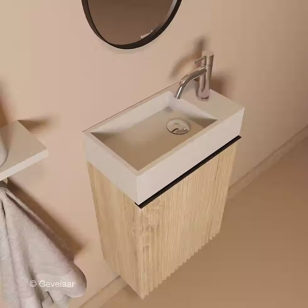 Thumbnail: Zaphir Freshdip fonteinset eiken wasbak beige rechts schuin gebogen chroom