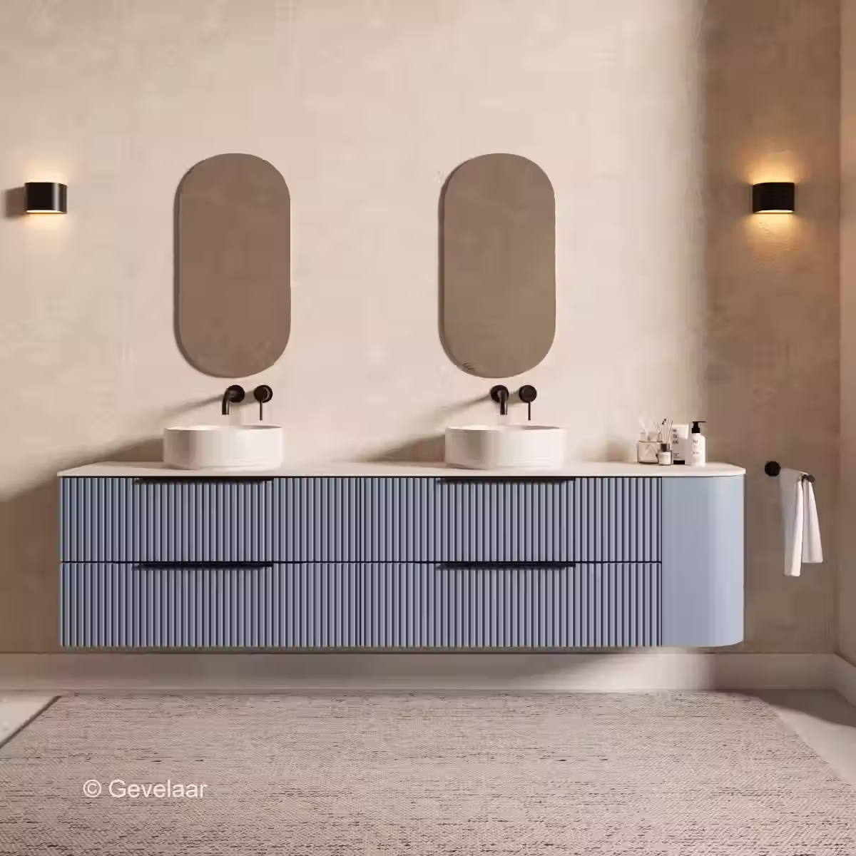 SoXeL Rib badmeubel mis blauw dubbel afdekblad mat wit rechts 220cm