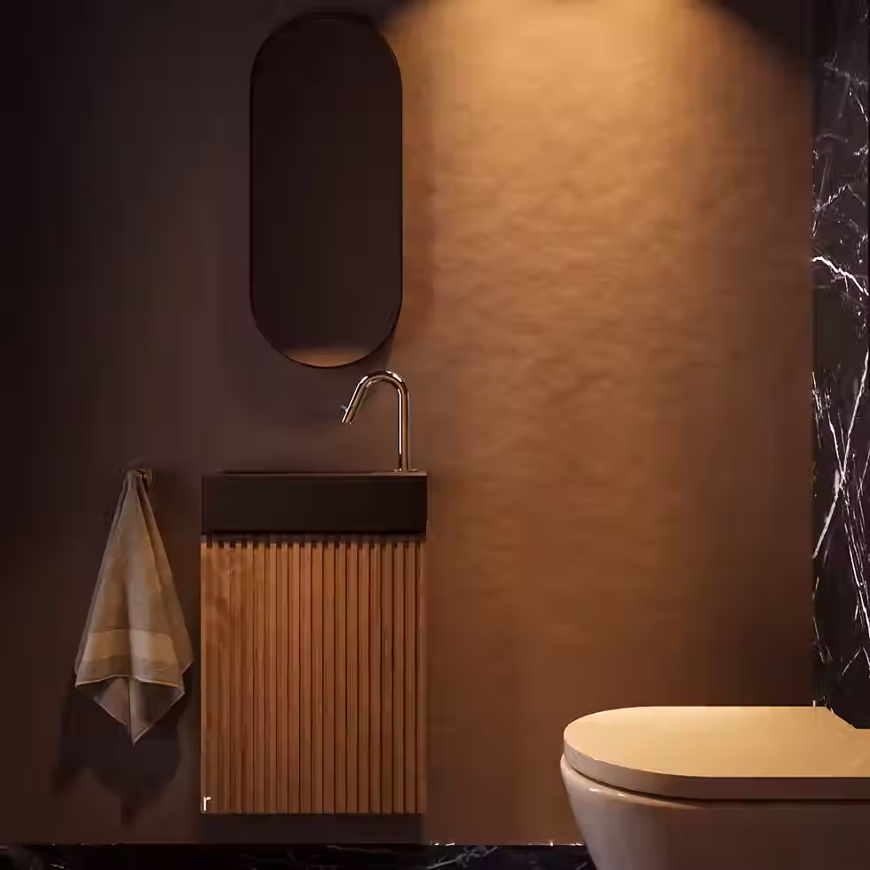 Thumbnail: Zaphir Freshdip Fonteinset eiken kast wasbak mat zwart kraan chroom