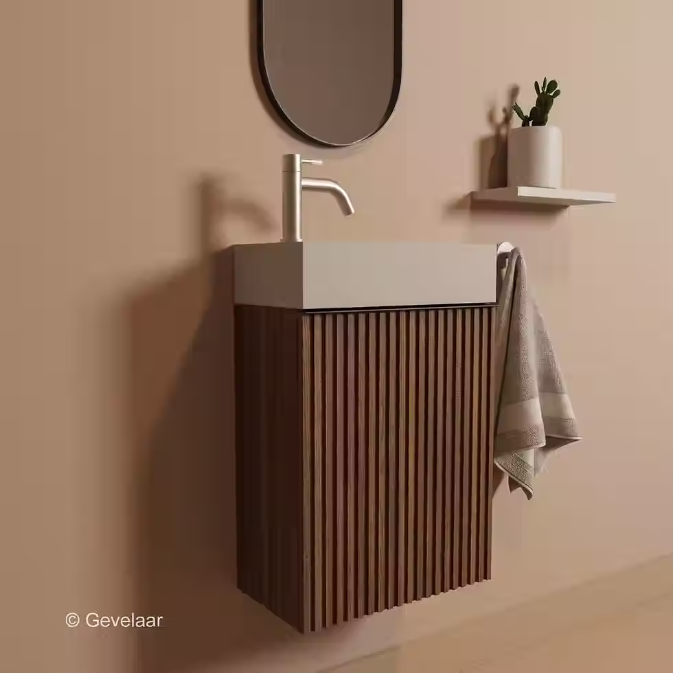Thumbnail: Zaphir Freshdip fonteinset noten wasbak beige links schuin gebogen RVS