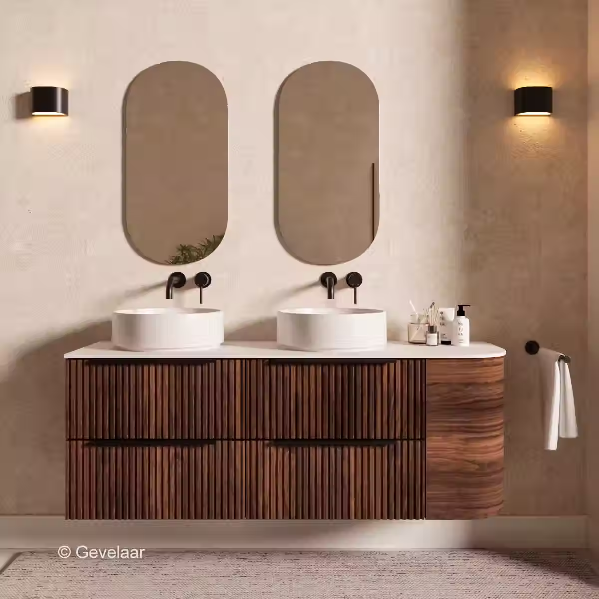 SoXeL Rib badmeubel Noten afgeronde hoek dubbel afdekblad mat wit rechts 150cm
