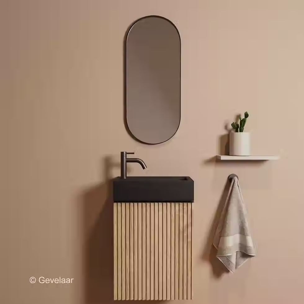 Zaphir Freshdip fonteinset eiken wasbak mat zwart schuin gebogen gunmetal
