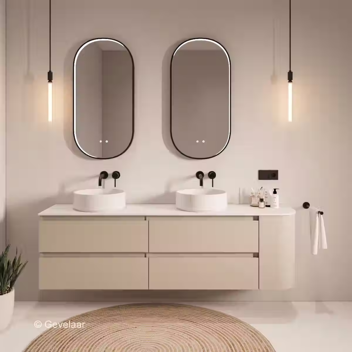 SoXeL badmeubel Cappu afgeronde hoek dubbel afdekblad mat wit rechts 190cm