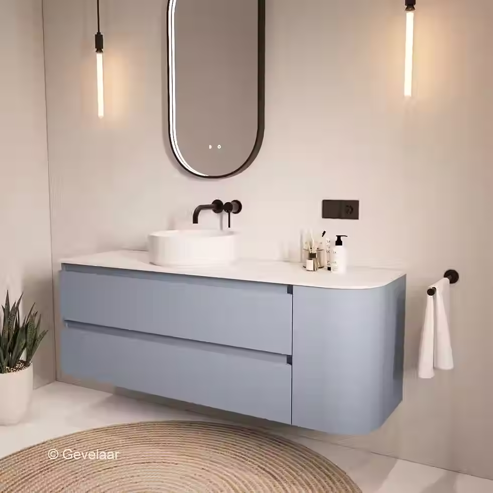 Thumbnail: SoXeL badmeubel mis blauw afgeronde hoek afdekblad mat wit rechts 150cm