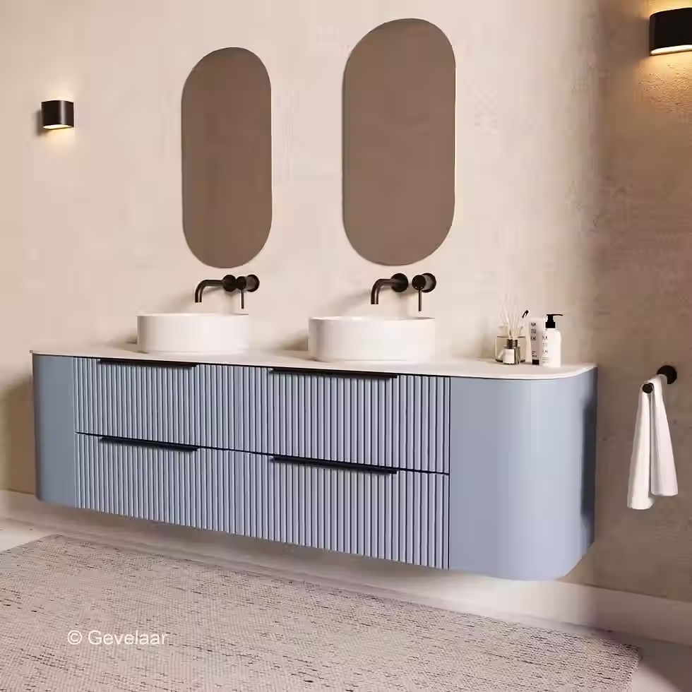 Thumbnail: SoXeL Rib badmeubel mis blauw afgeronde hoeken dubbel afdekblad mat wit 200cm