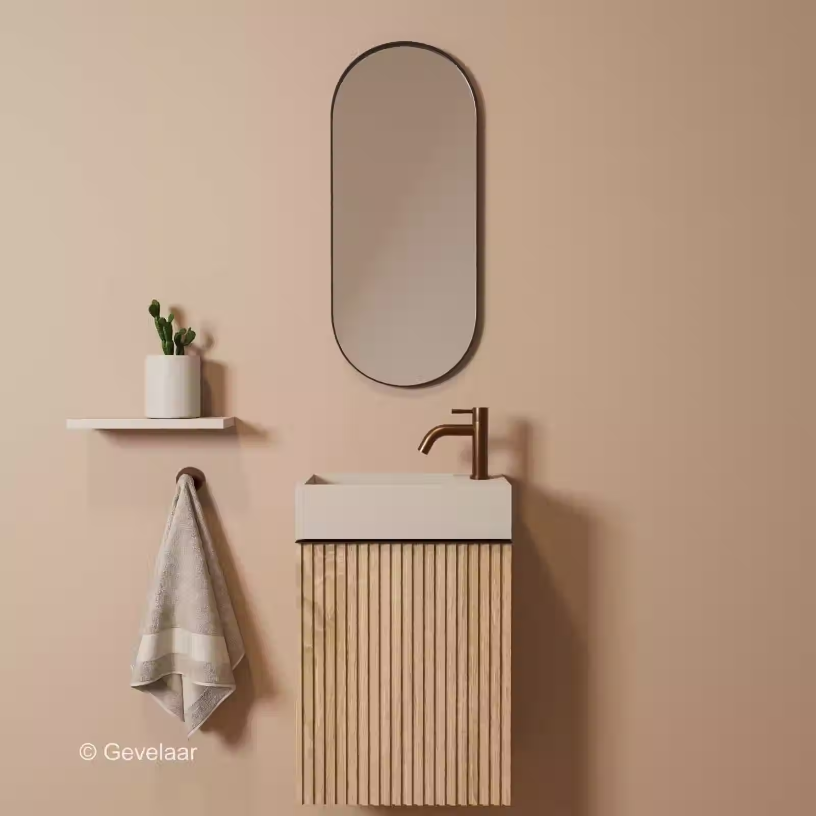 Zaphir Freshdip fonteinset eiken wasbak beige rechts schuin gebogen geb. brons