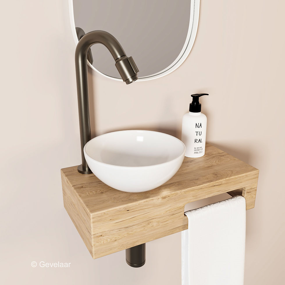 Tanaro Arche fonteinset hout planchet kraan gunmetal waskom glanswit - links