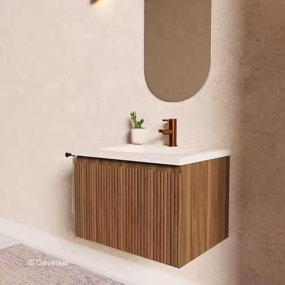 Stravertin ribbel noten badmeubel 60 cm - Brauer Dune travertin 1 kraangat