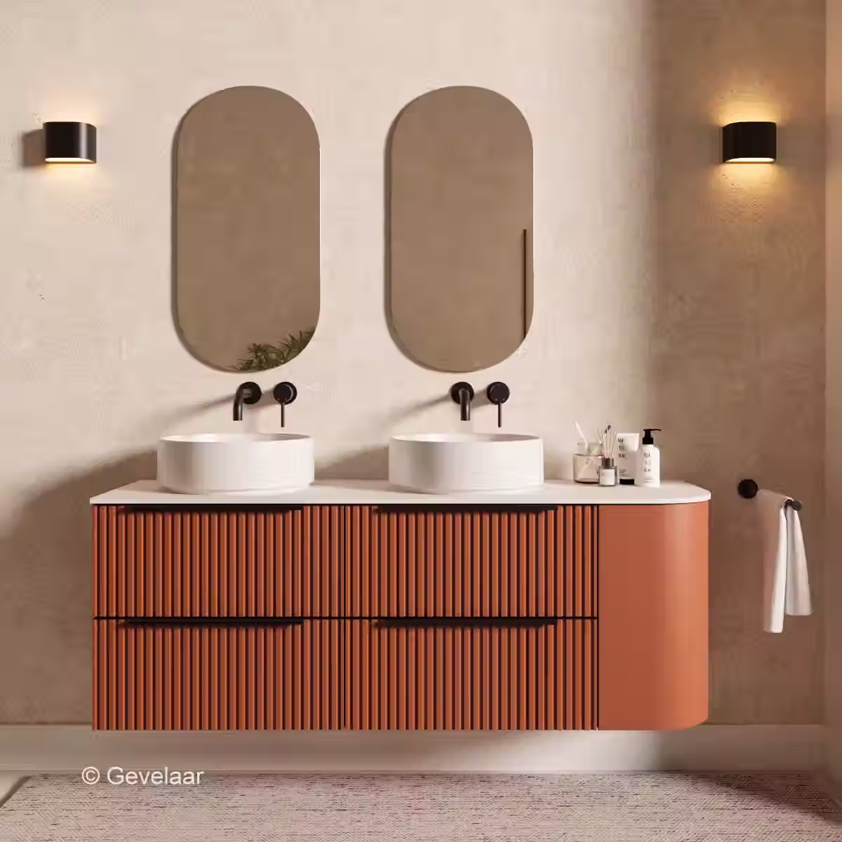 SoXeL Rib badmeubel Terra afgeronde hoek dubbel afdekblad mat wit rechts 150cm