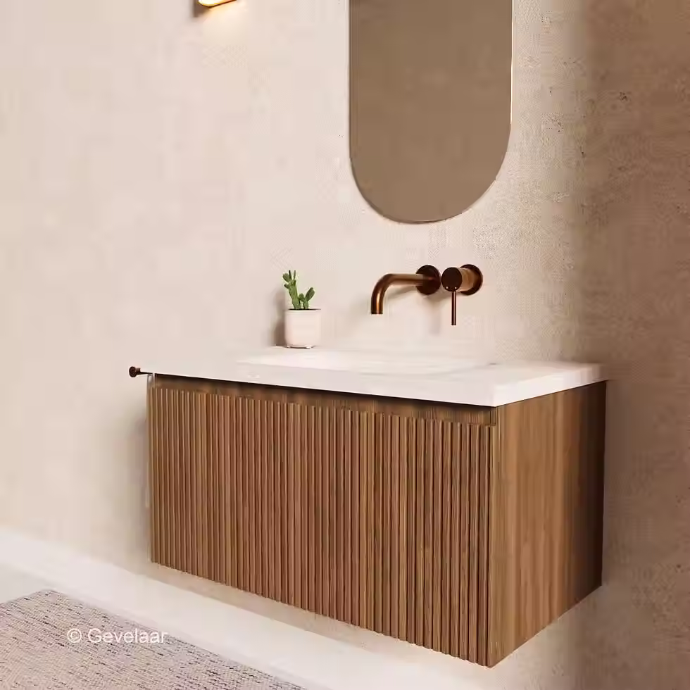 Stravertin ribbel noten badmeubel 80 cm - Brauer Dune travertin 0 kraangaten
