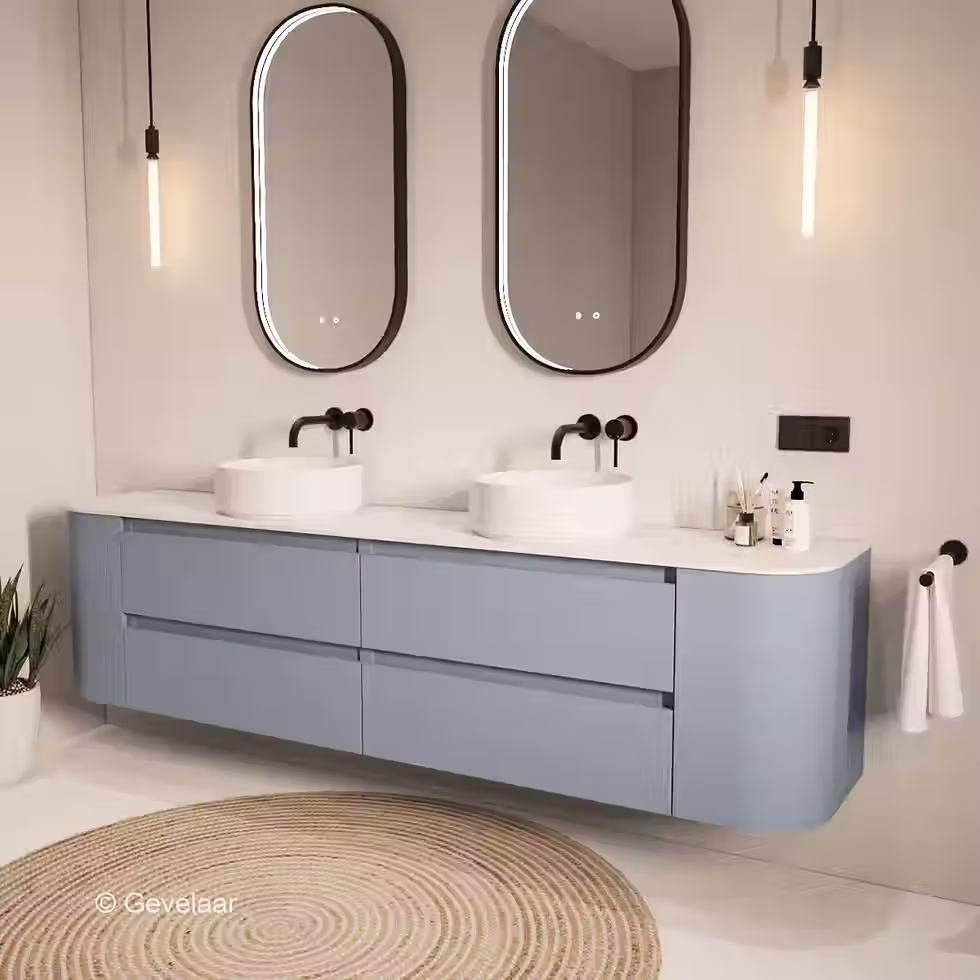 Thumbnail: SoXeL badmeubel mis blauw afgeronde hoeken dubbel afdekblad mat wit 220cm