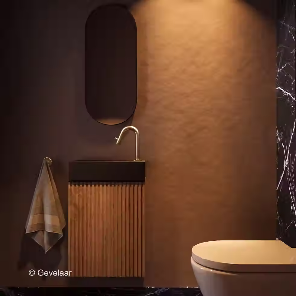 Thumbnail: Zaphir Freshdip Fonteinset eiken kast wasbak mat zwart kraan geb. goud