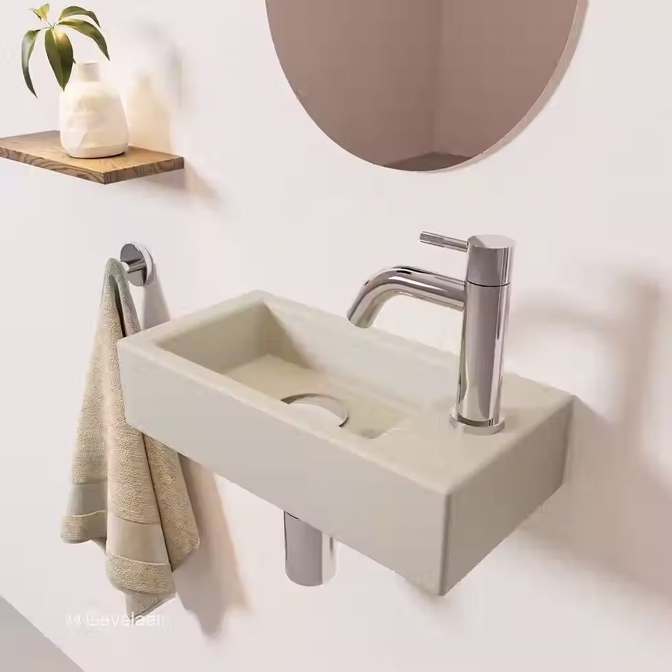Thumbnail: Zaphir Ceva fonteinset beige 40 cm rechts schuin gebogen kraan chroom