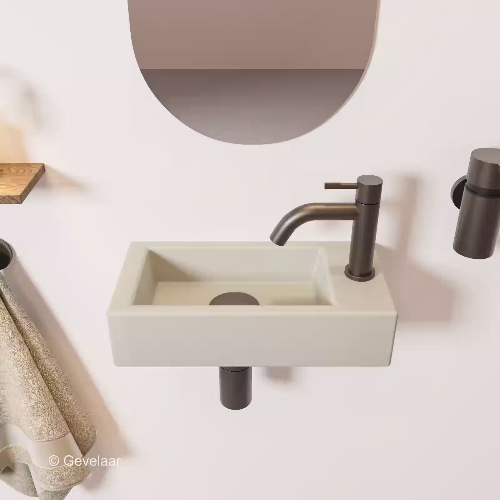 Zaphir Ceva fonteinset beige 40 cm rechts schuin gebogen kraan gunmetal
