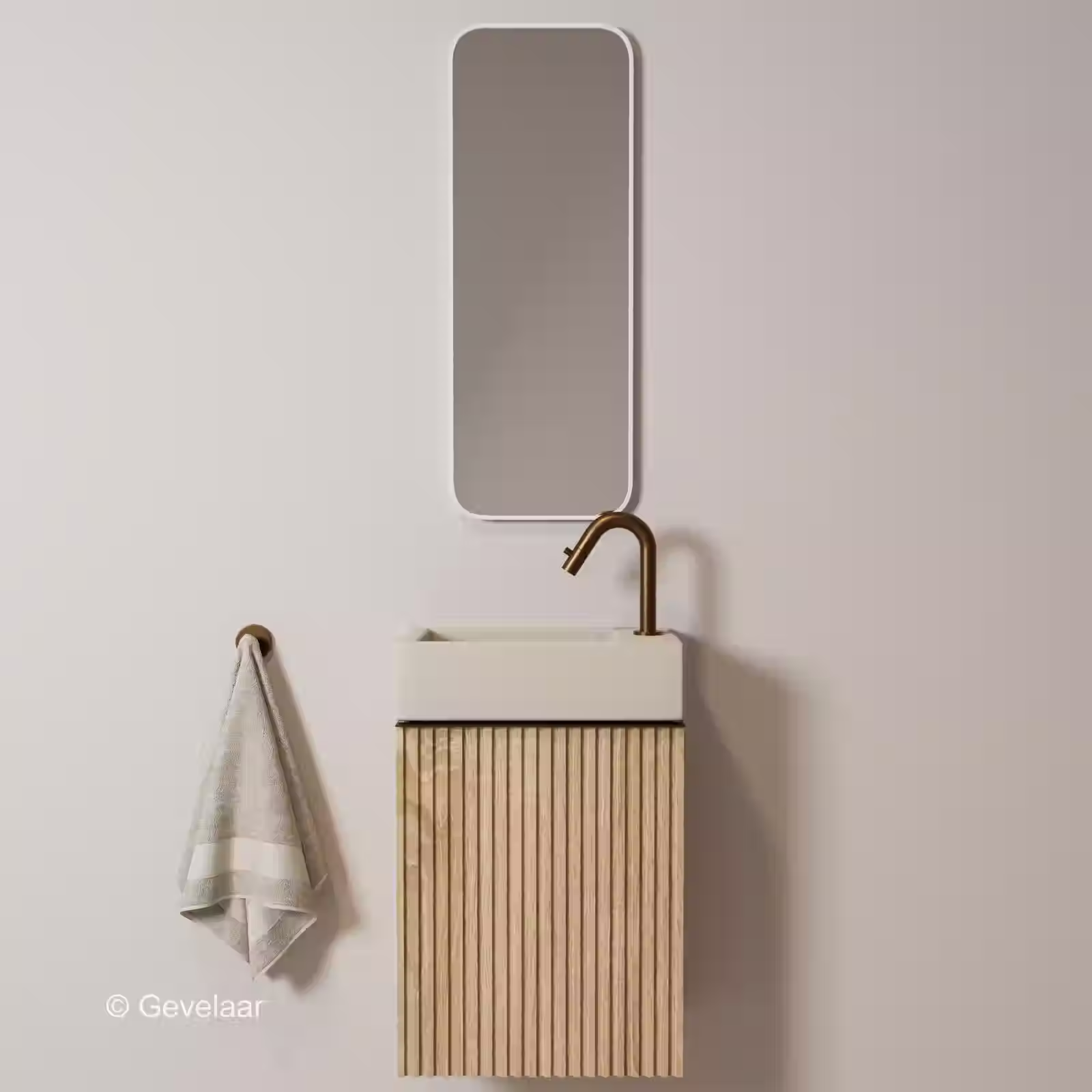 Zaphir Freshdip fonteinset kast eiken wasbak beige rechts kraanset geb. brons