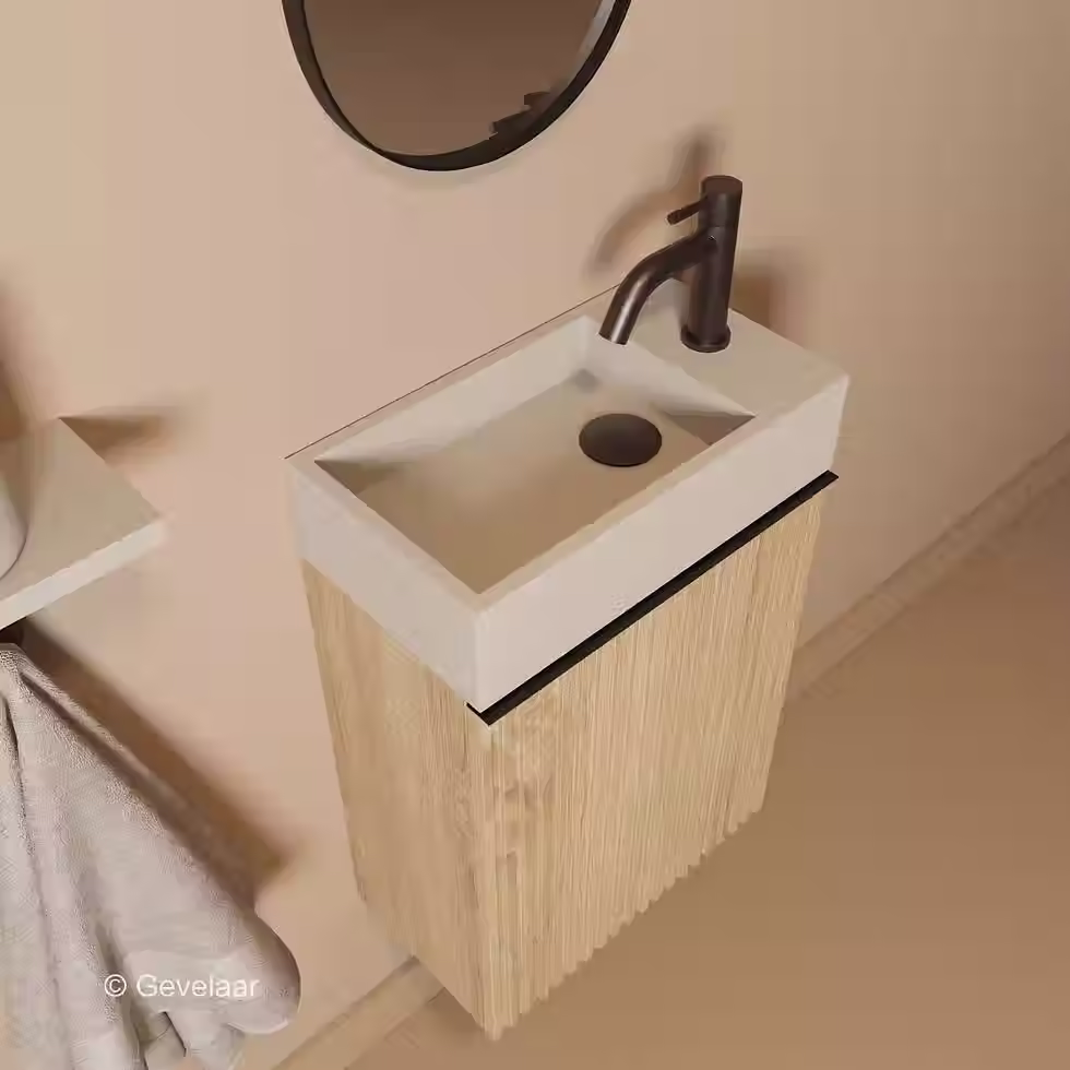 Thumbnail: Zaphir Freshdip fonteinset eiken wasbak beige rechts schuin gebogen gunmetal