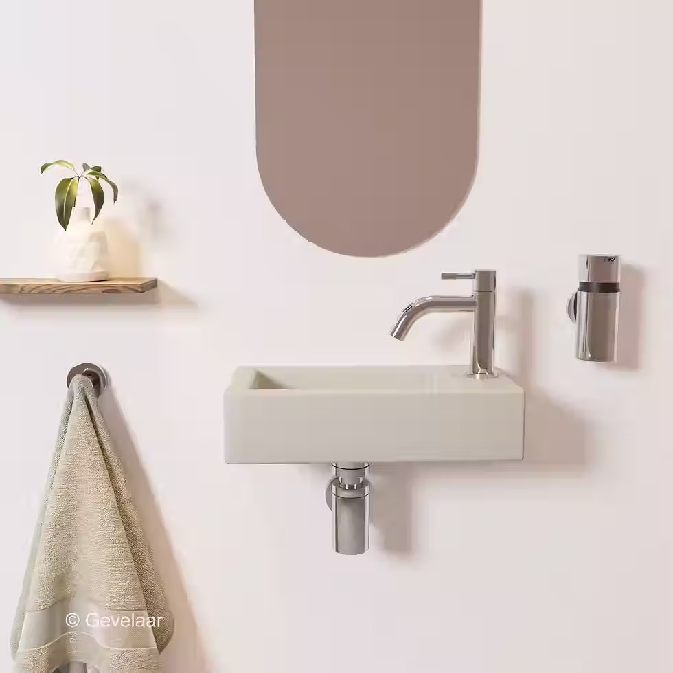 Thumbnail: Zaphir Ceva fonteinset beige 40 cm rechts schuin gebogen kraan chroom