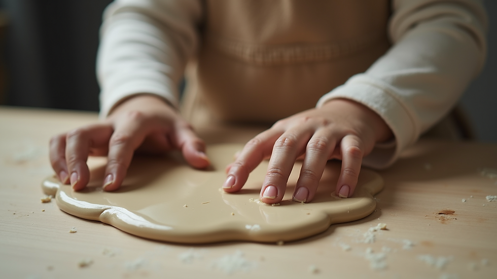 Close-up view of a child’s hands molding clay on a table