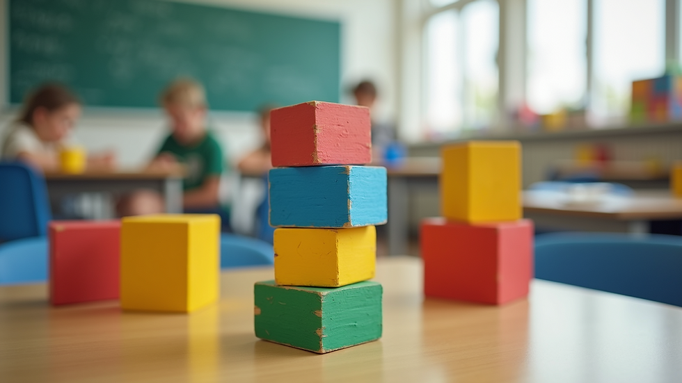 Eye-level view of colorful wooden blocks stacked in a classroom