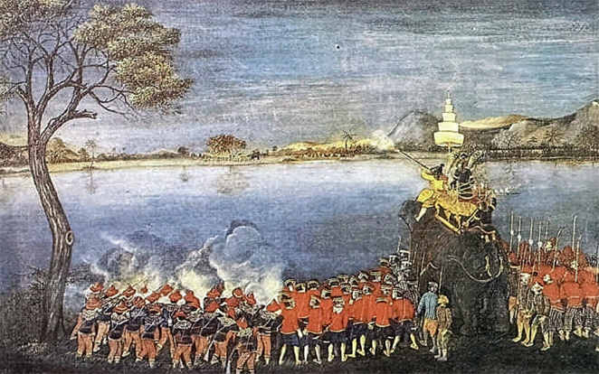 สมเด็จพระนเรศวรทรงปืนข้ามแม่น้ำสะโตงภาพผลงานของพระวิทยประจง