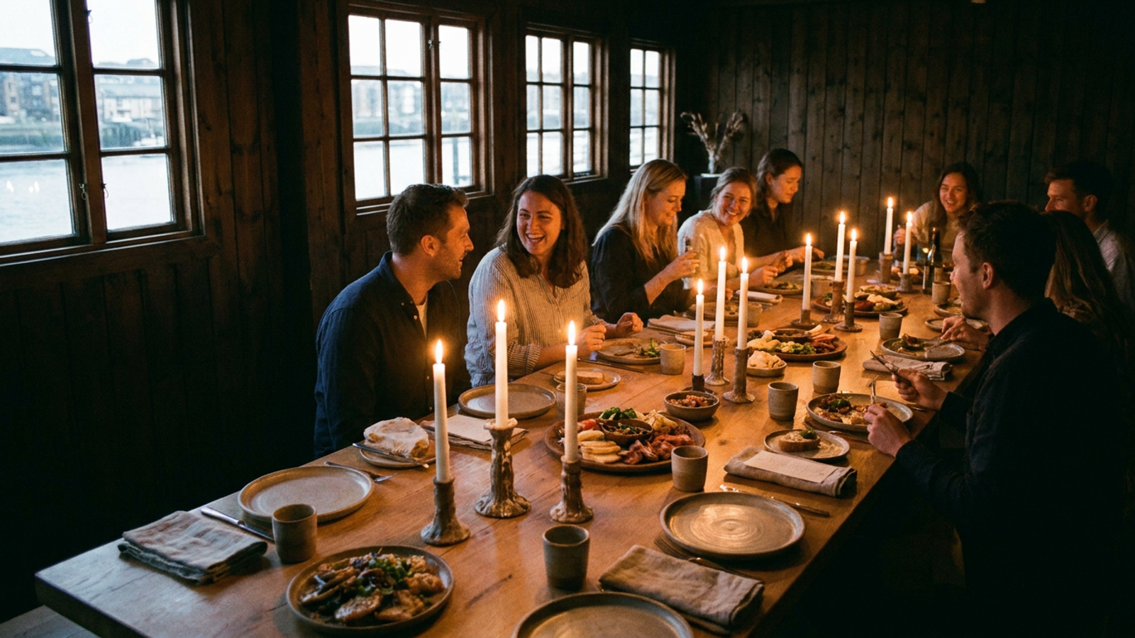 The twelve-seat oak table set for dinner inside the candlelit boathouse, harbour water through a window