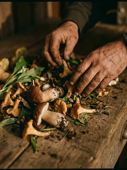 Hands sorting wild mushrooms on a timber counter