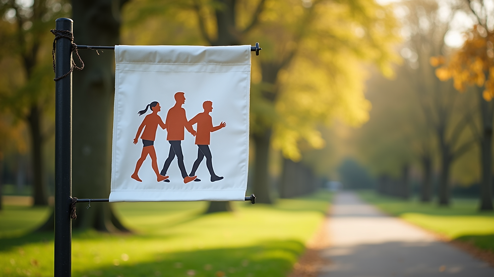 Close-up view of a fundraising walk banner at a park