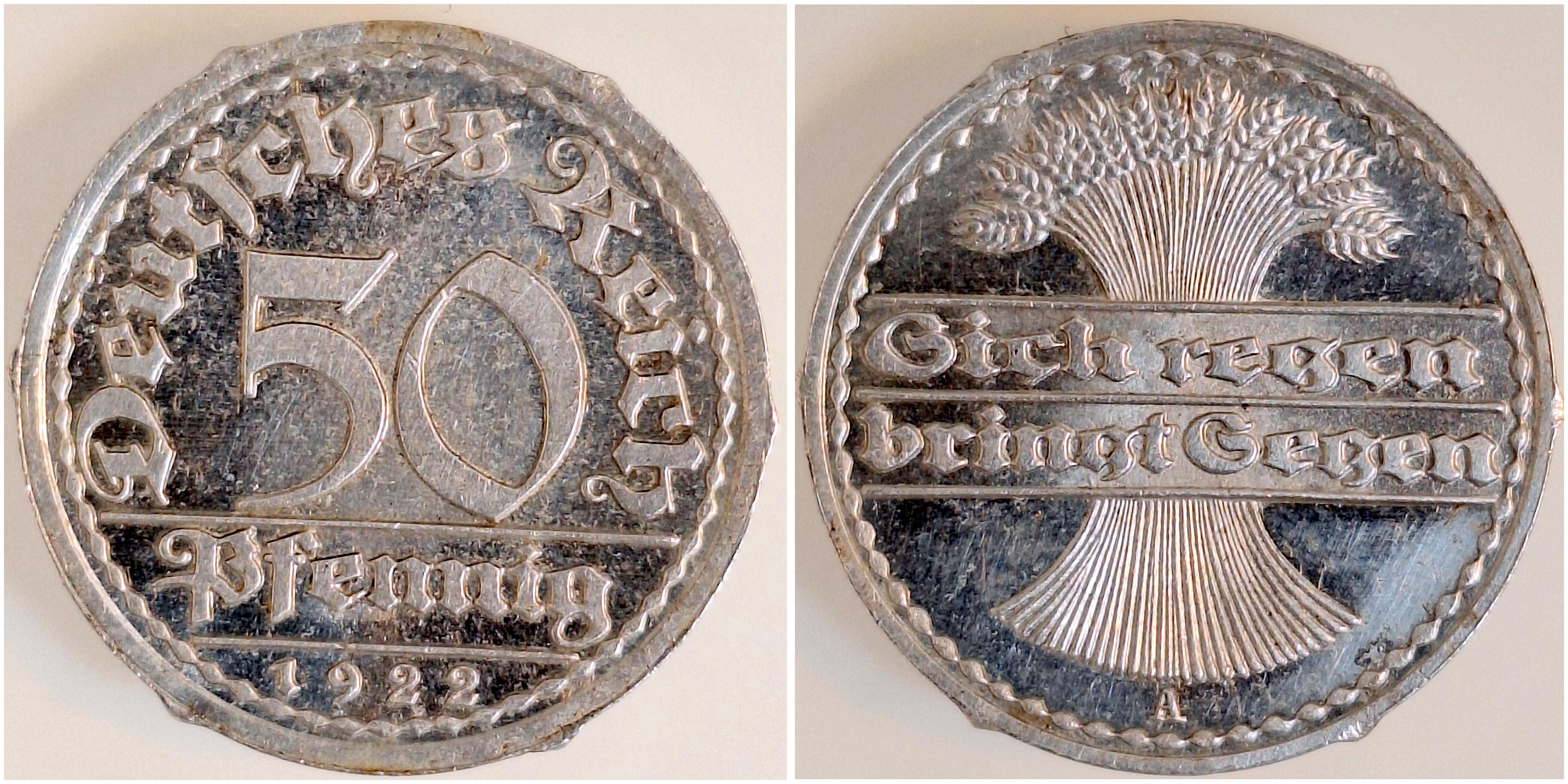 Probe 50 Pfennig 1922 A mit 6 Erhöhungen am Rand J301 PROB301G4