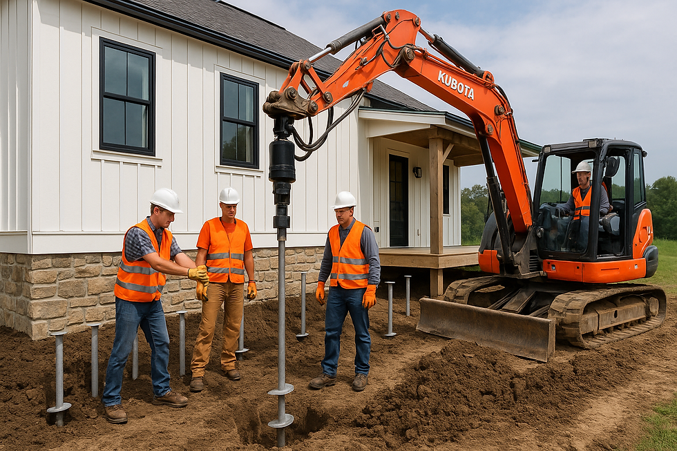 construction workers installing helical pile on a site