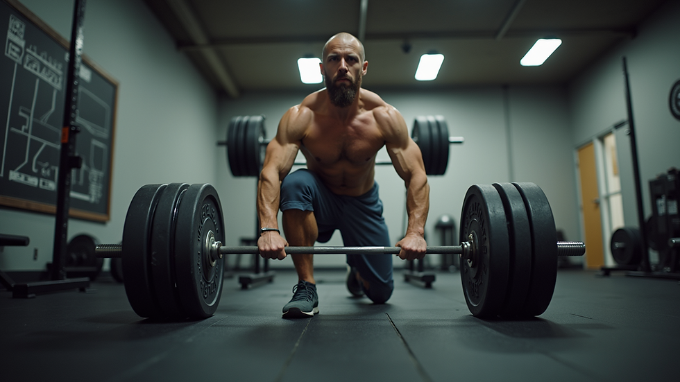 Eye-level view of a man lifting weights in a home gym