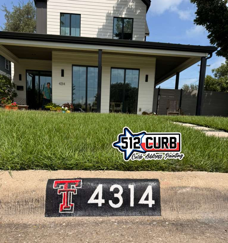 Texas Tech curb address painting with bold house numbers and red and black team-inspired design by 512 Curb.