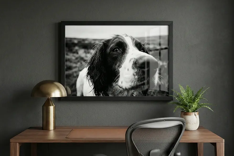 The Gaze series black and white springer spaniel portrait shown as framed wall art