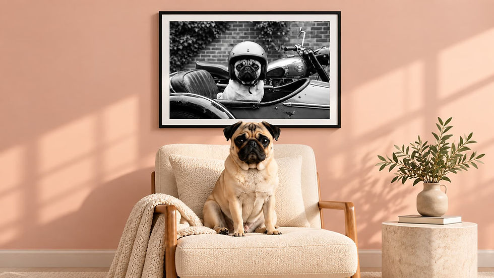 Pug sitting below woof on walls portrait.jpg
