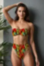Front view of model wearing Wild Heat strapless bandeau bikini top with high-leg bottom in multicolour animal print, UK-made