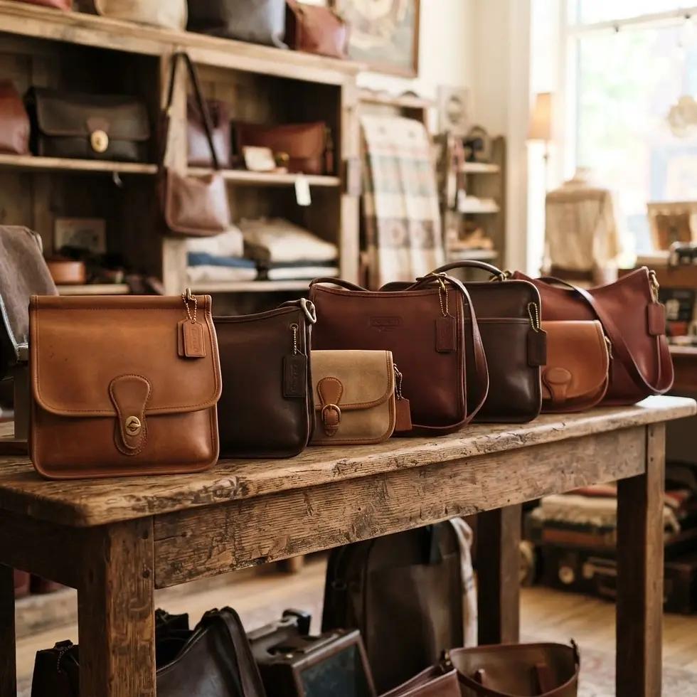 Studio photography of a row of premium leather handbags arranged on a rustic wooden table in a retail shop. The warm lighting creates a cozy, inviting atmosphere for browsing.