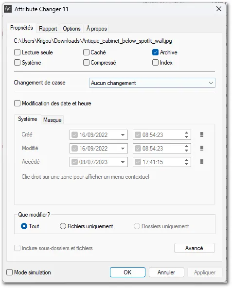 Attribute Changer permet de modifier les attributs des fichiers