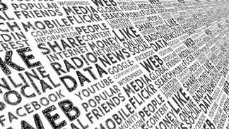 A range of social media words in different sizes.