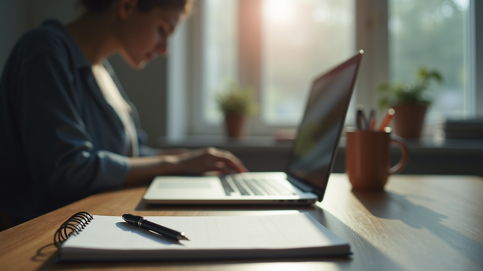 Eye-level view of a single desk with a laptop and a notebook, symbolizing focused work amid internal stress