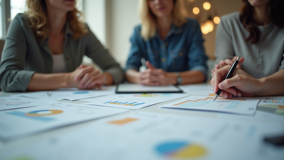 Close-up view of a diverse team collaborating around a table with charts and notes