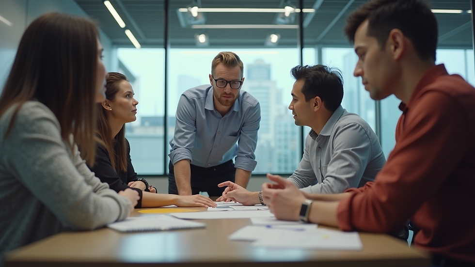 Eye-level view of a leader engaging with a small team in a collaborative workspace