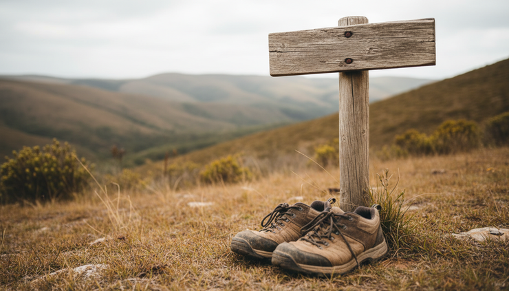Close-up view of sturdy walking shoes beside an unmarked trail sign in dry grass.